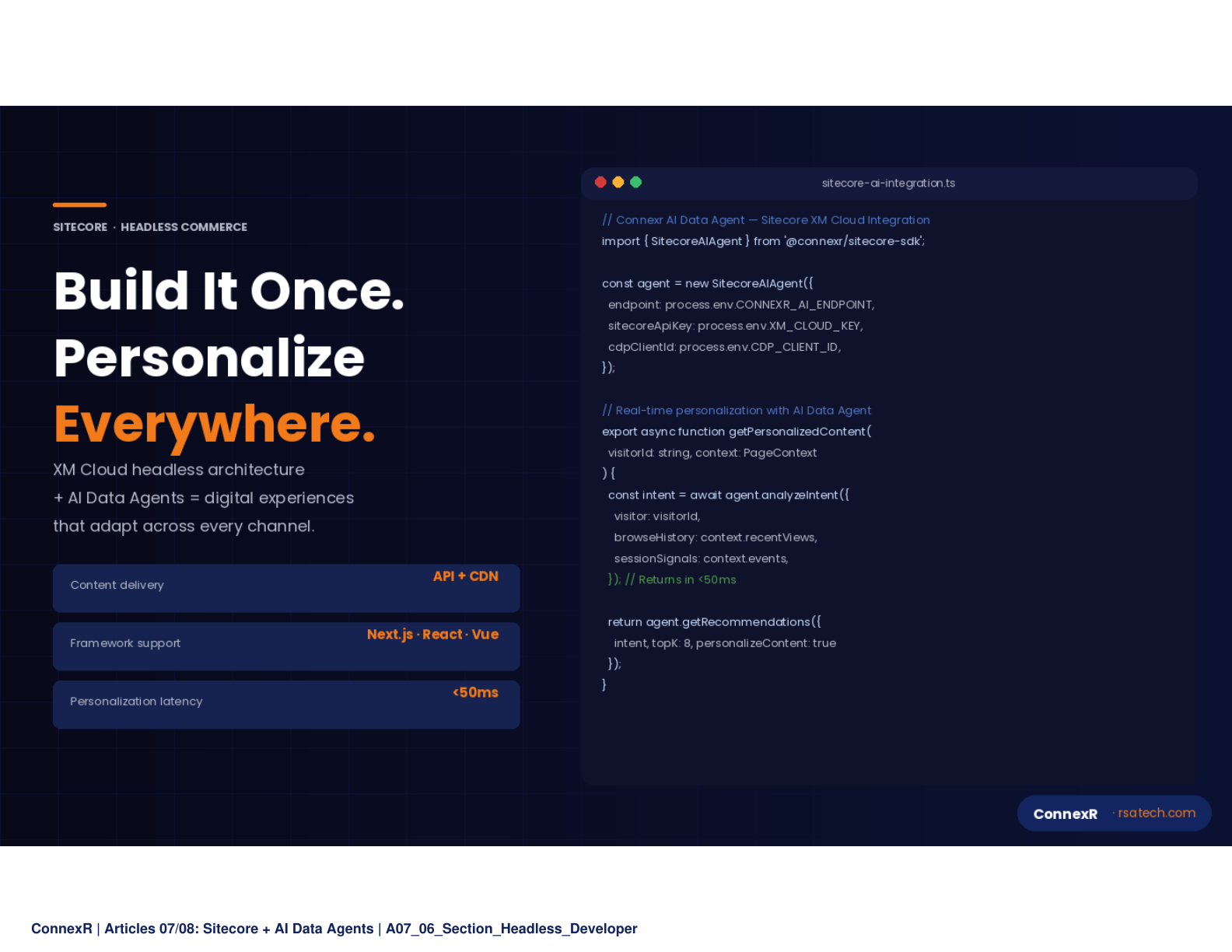 Developer working on a headless commerce frontend with code editor on one screen and the live Sitecore editing experience on another